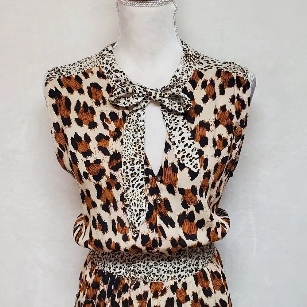 LEOPARD Cheetah Print Tie-Neck Smocked Waist Sleeveless A-line Mini Dress Large